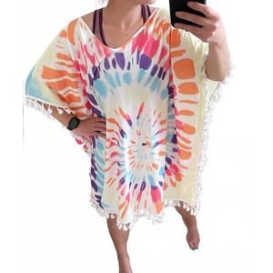 NEW SHIRLEY STONE tie dye fringe caftan top in blue multi